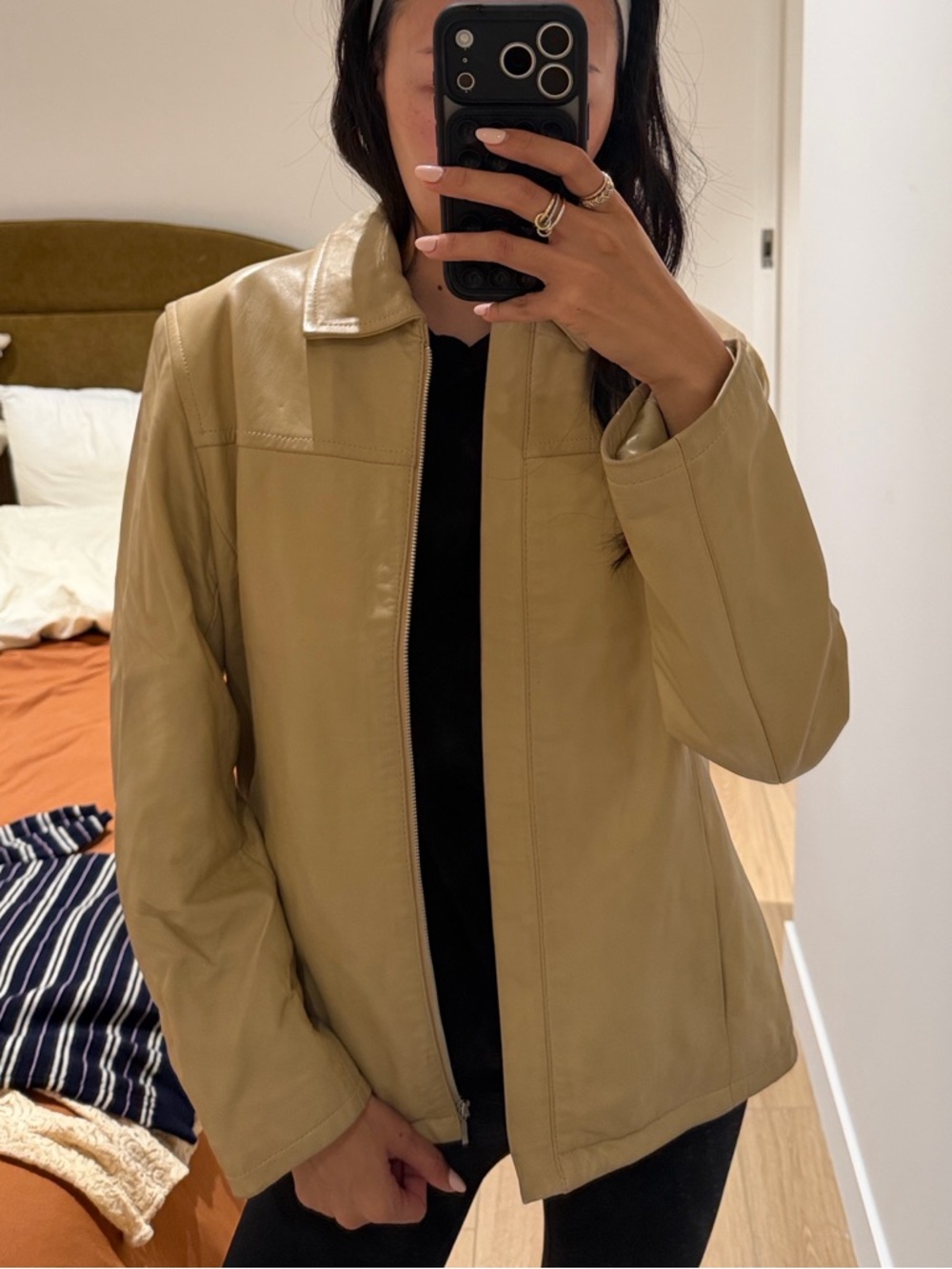 Women's Tan Leather Jacket - Classic Collared Coat